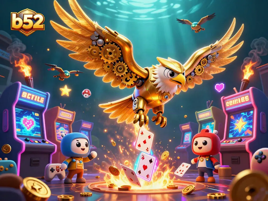 Experience thrilling b52 game action with a golden eagle amidst glowing casino elements.