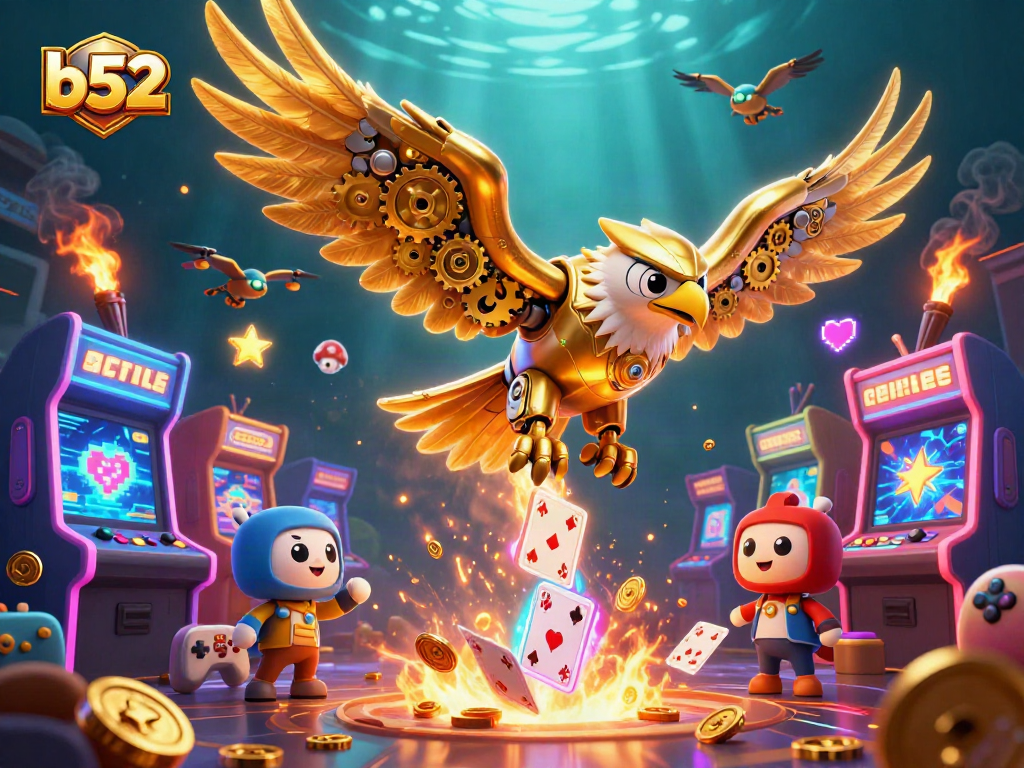 Experience thrilling b52 game action with a golden eagle amidst glowing casino elements.