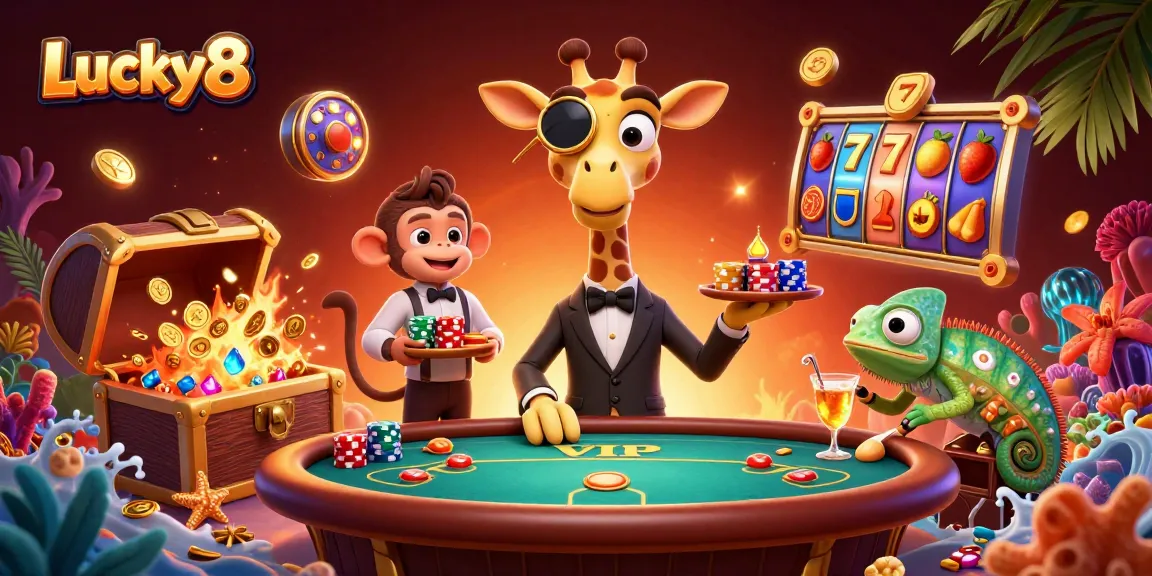 Experience the excitement of Lucky8 with high-roller characters at a packed casino scene.