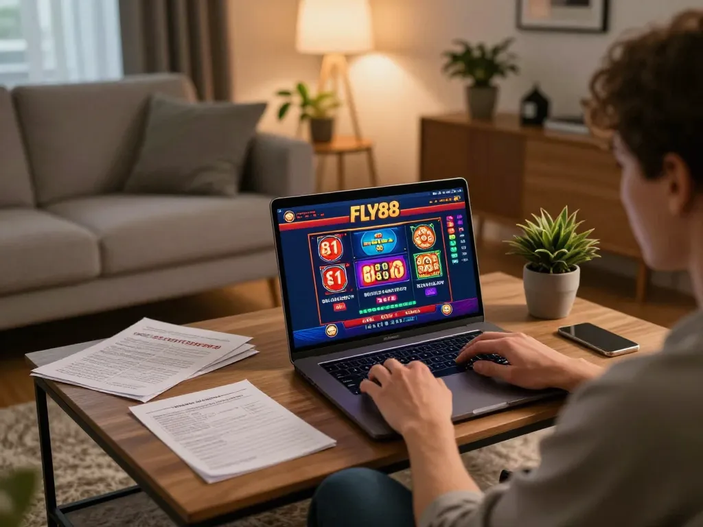 Engaged player exploring Fly88 online casino games in a cozy living room setting