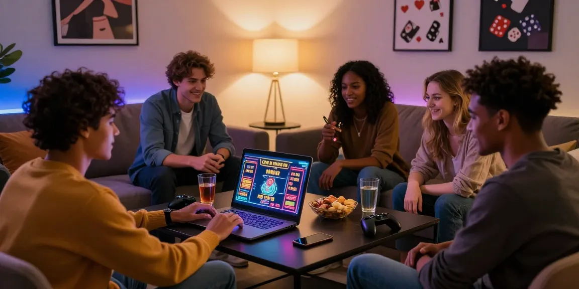 Friends enjoying online gaming at https://ghsc.co.uk with colorful casino decor and vibrant atmosphere