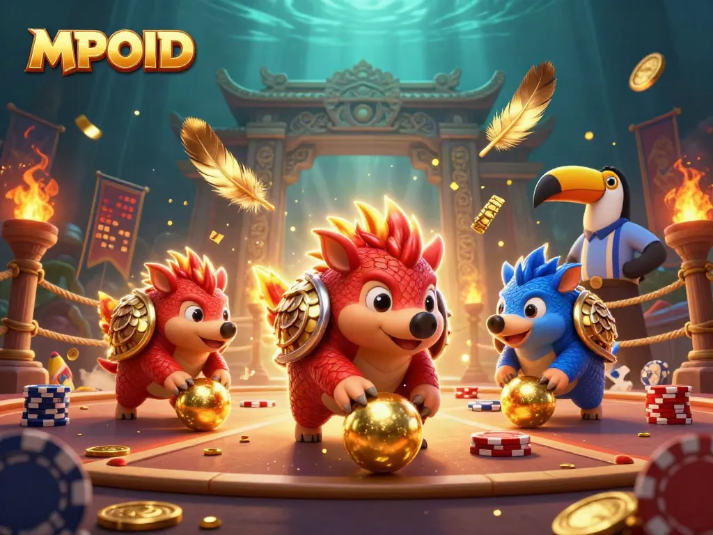 MPOID-themed action featuring rival pangolins competing with poker chips and casino elements.