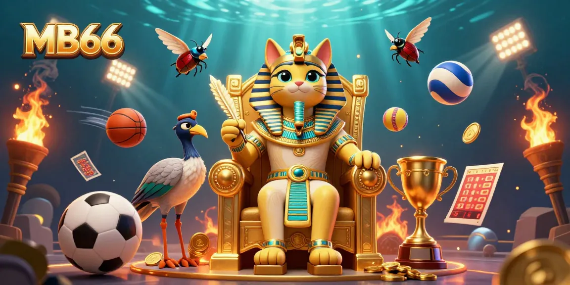 Experience the excitement of MB66 with a vibrant 3D casino scene featuring an Egyptian pharaoh cat and a dynamic display of sports elements.