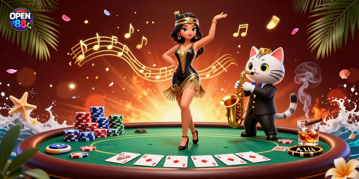 Engage in thrilling gameplay with OPEN 88, featuring a vibrant scene of poker chips and musical flair.