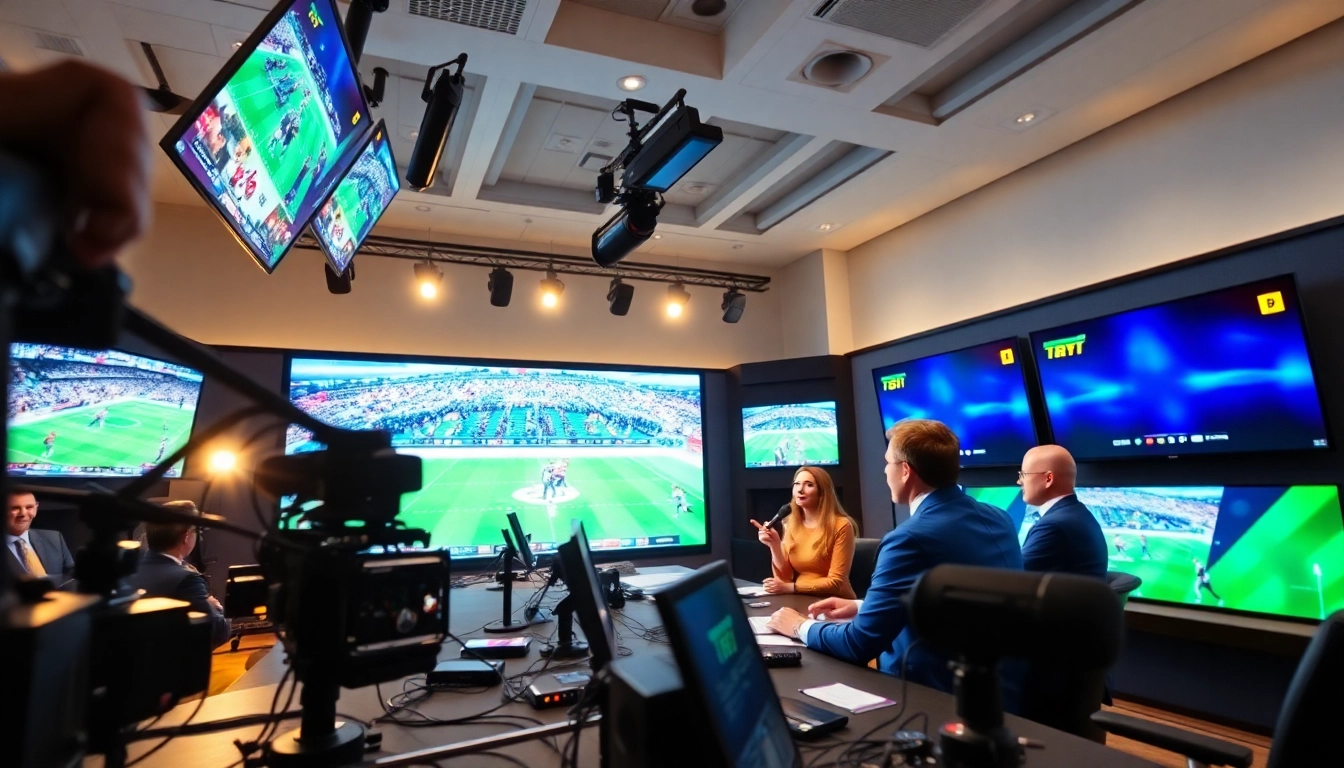 Dynamic sports broadcasting studio featuring hosts and live game screens.