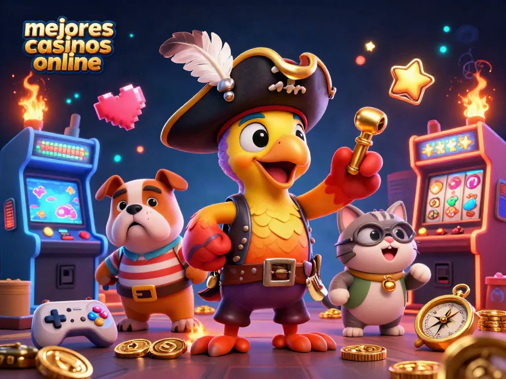 Disfruta de los mejores casinos online y vive la emoción de los juegos con el loro pirata y sus amigos.