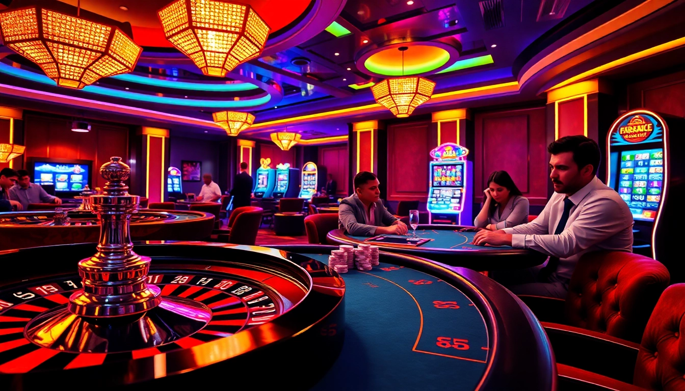 Xoilac Grand Casino ambiance featuring roulette and poker, enhancing gambling excitement.