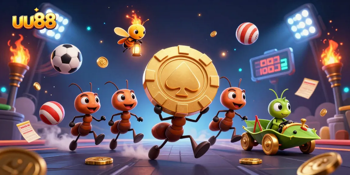 uu88 showcases an adventurous and dynamic heist scene with cartoon ants and sports elements.