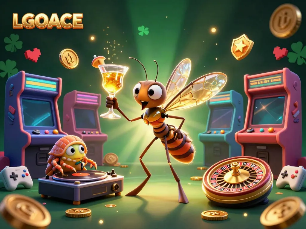 Experience the excitement of LGOACE with a lively casino-themed 3D illustration filled with playful characters and game elements.