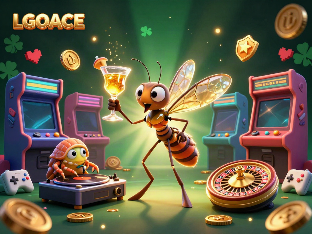 Experience the excitement of LGOACE with a lively casino-themed 3D illustration filled with playful characters and game elements.