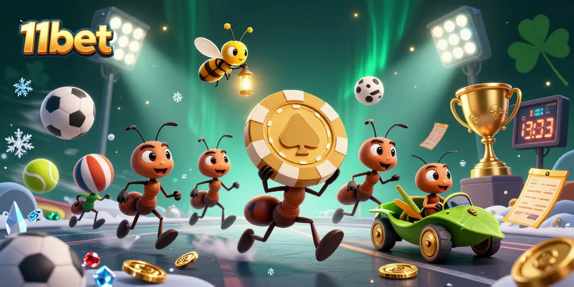 Engage in thrill with 11bet, where a team of ants steals a giant poker chip amidst vibrant casino elements.