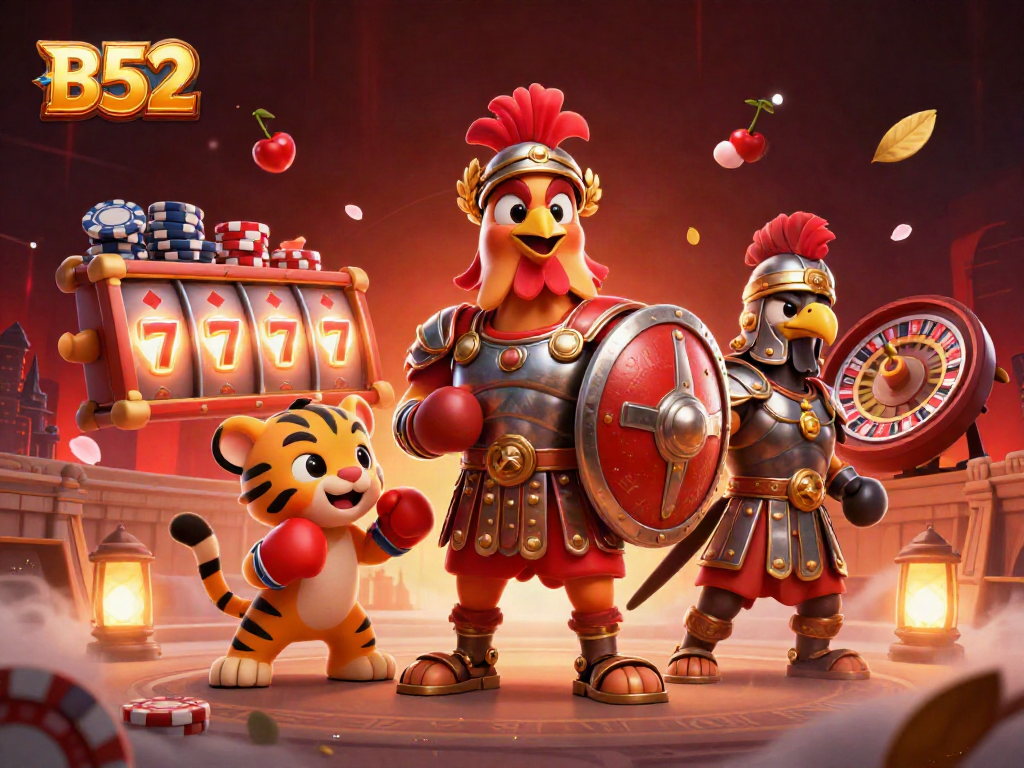 Experience the thrill of B52 casino games with a dynamic 3D scene featuring vibrant gaming elements.