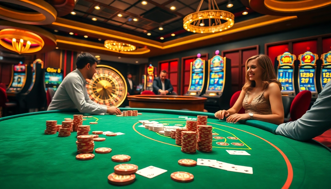 A dynamic casino atmosphere with players enjoying LUCK 8 gaming, highlighting poker tables, roulette wheels, and colorful slot machines.
