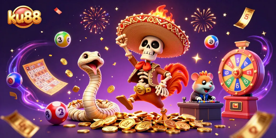 ku88 celebrates big wins with vibrant characters and colorful gambling elements in this lively scene.