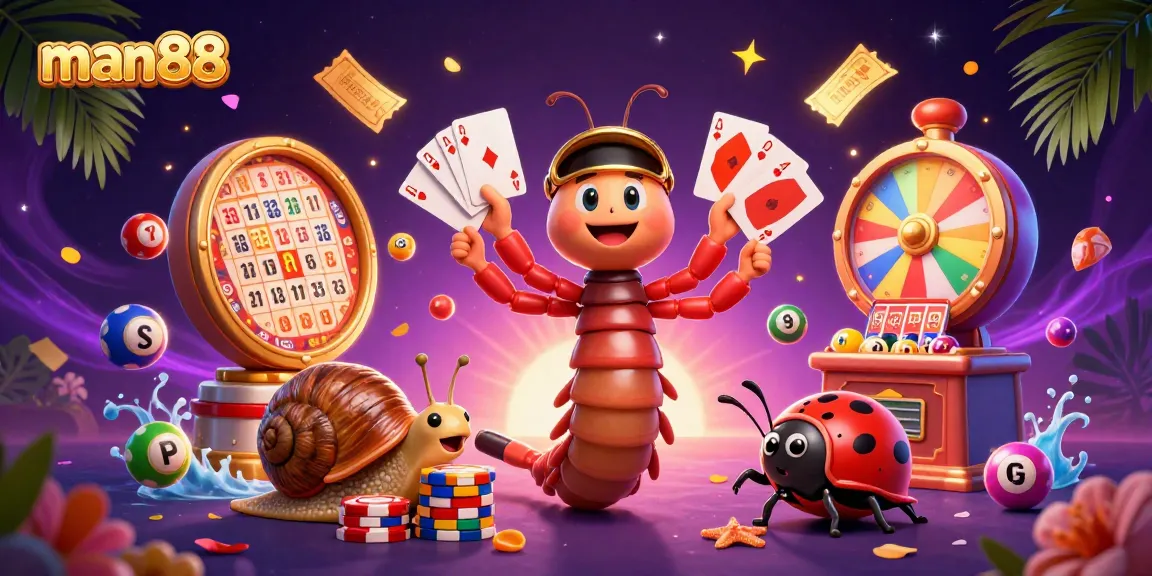 Join the excitement at man88 with a colorful 3D casino scene filled with vibrant lottery elements.