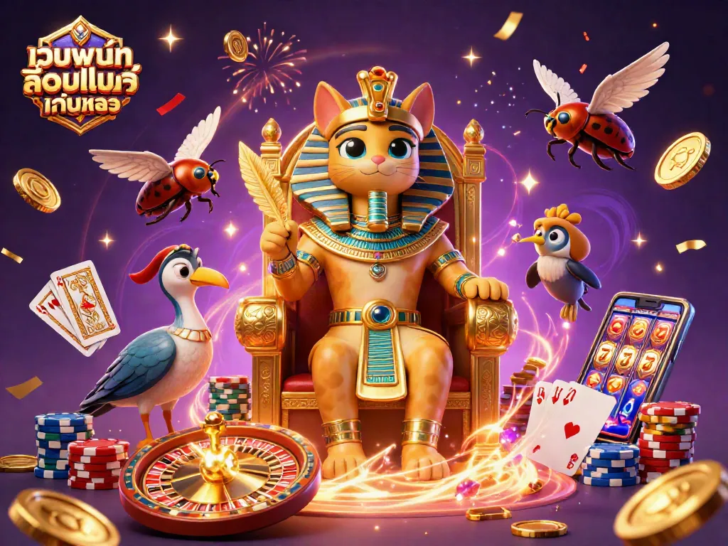 การเล่น เว็บพนันออนไลน์ เว็บตรง ในภาพแบบ 3D ที่มีฟาโรห์แมวและเจ้าหน้าที่อิบิส