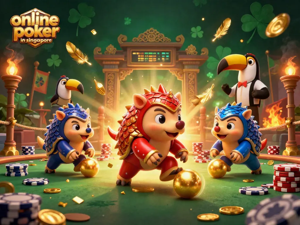 Experience thrilling online poker in Singapore with vibrant pangolin characters and poker chip action.