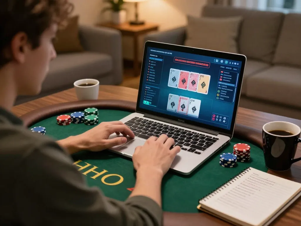 gg88 player enjoying an online poker game in a cozy home setting with cards displayed.