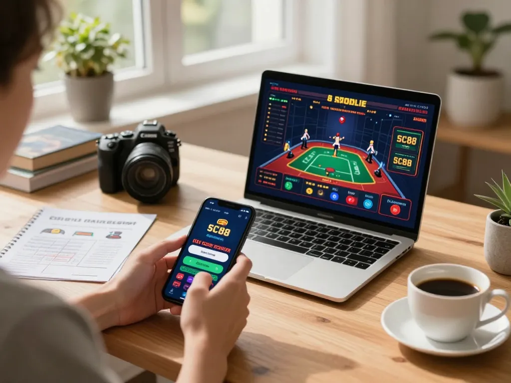 Engaging with the SC88 app for mobile betting on a cozy home office desk, laptop showing live dealer game.