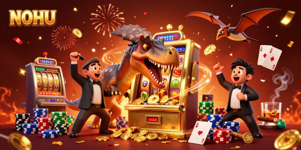 NOHU's vibrant casino scene showcases a pachycephalosaurus winning jackpots, surrounded by colorful slot elements.
