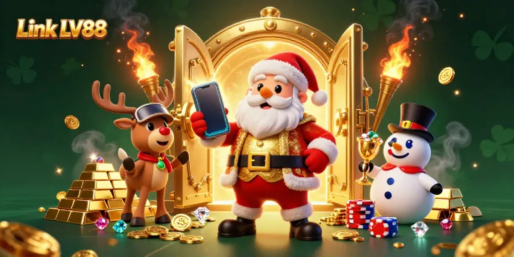 Experience the thrill of slots with Link LV88 showcased in a festive, dynamic casino scene.