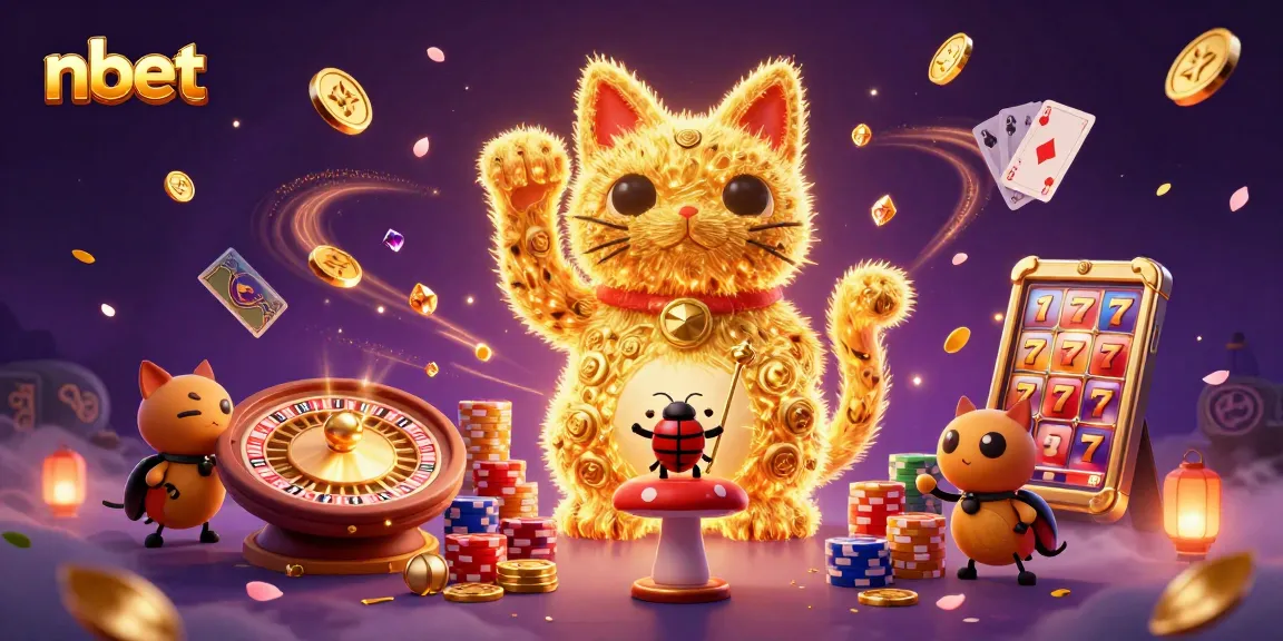 Feel the excitement with nbet's dynamic lucky cat illustration in a vibrant casino scene.