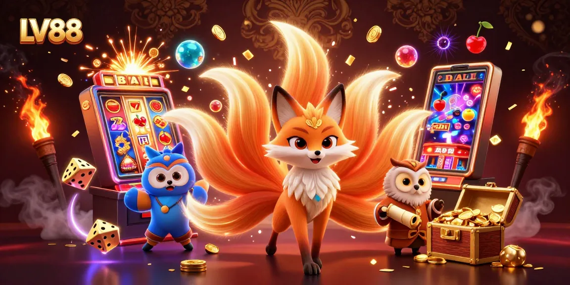 Experience the vibrant world of LV88 with a colorful nine-tailed fox, owl sage, and dynamic slot machines.