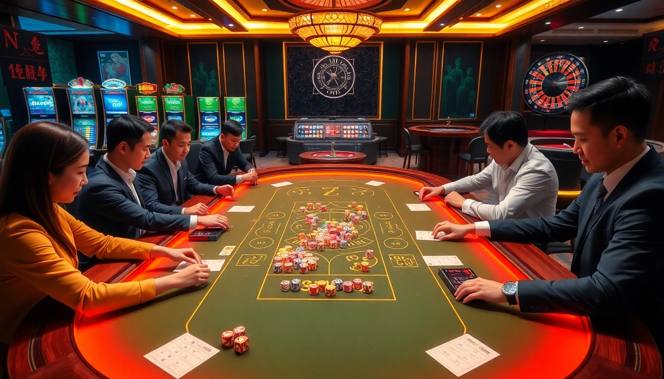Players engaging in a thrilling game of tài xỉu md5 at a luxurious casino table, emphasizing excitement and strategy.