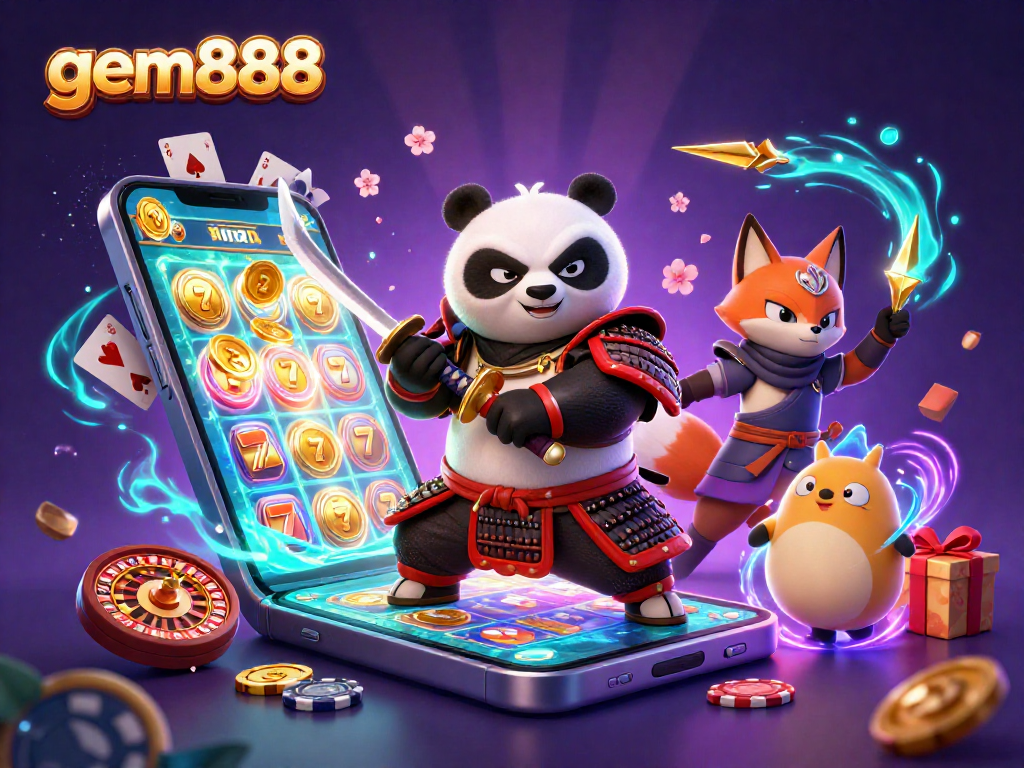 gem888 features a samurai panda and ninja fox in a vibrant casino scene.