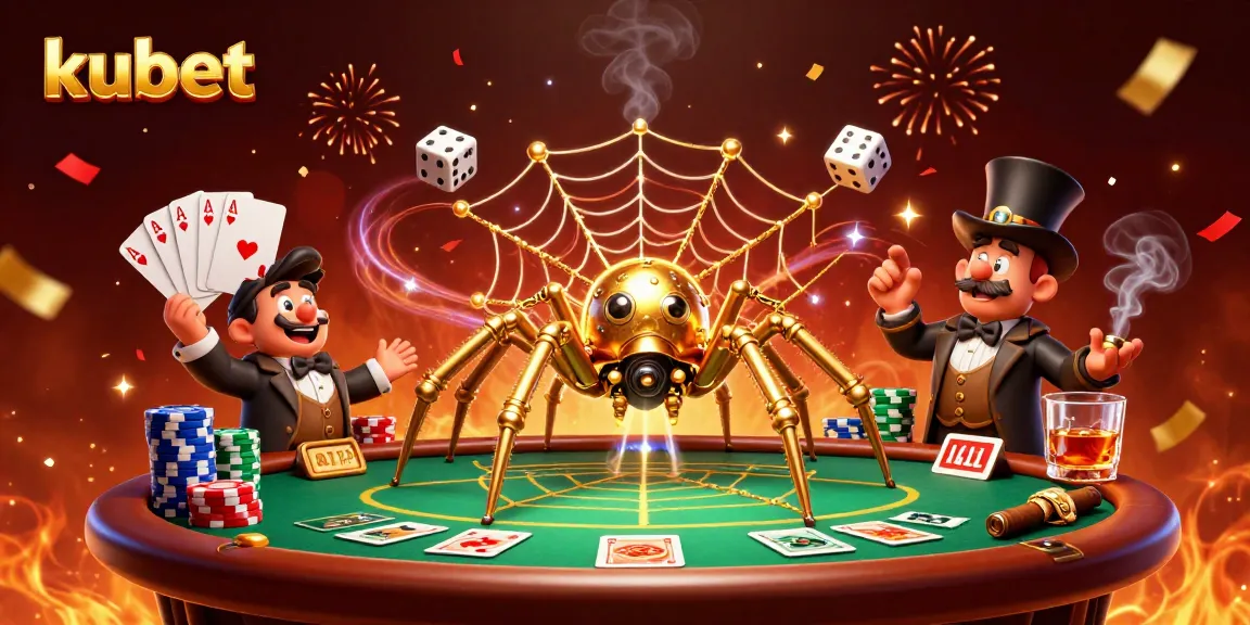 kubet players engaging with a steampunk spider and fly gentleman in a lively casino setting