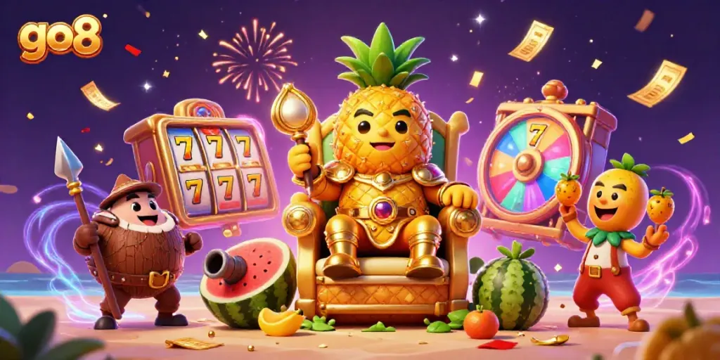 Spin to win with the go8's golden pineapple king in a vibrant, lively casino scene!