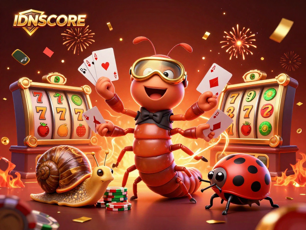 Engage in thrilling action at IDNSCORE with a vibrant 3D casino scene featuring a cartoon millipede dealer and exciting gaming elements.