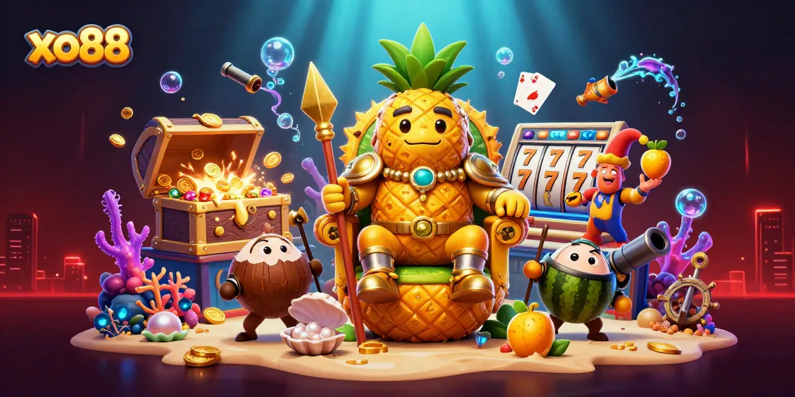 Engage in xo88's thrilling casino experience with vibrant slots and captivating characters in a digital ocean setting.