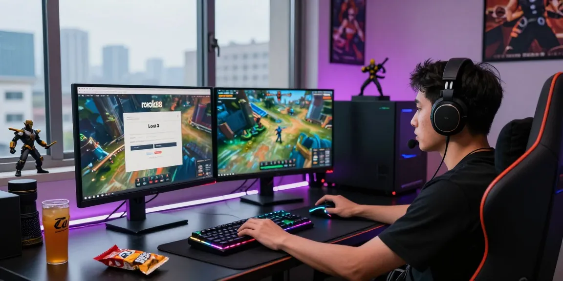 Gamer using rokok88 login on dual-screen setup with vibrant gaming atmosphere