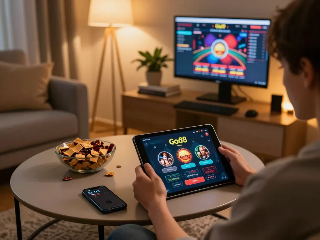 Engaging gameplay on the Go8 app in a cozy home setting filled with snacks and modern decor.