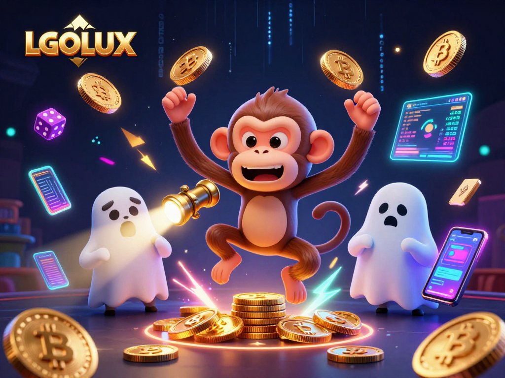 Experience thrilling gameplay at LGOLUX with a 3D poltergeist monkey and ghost-hunter puppy in a vibrant casino scene.