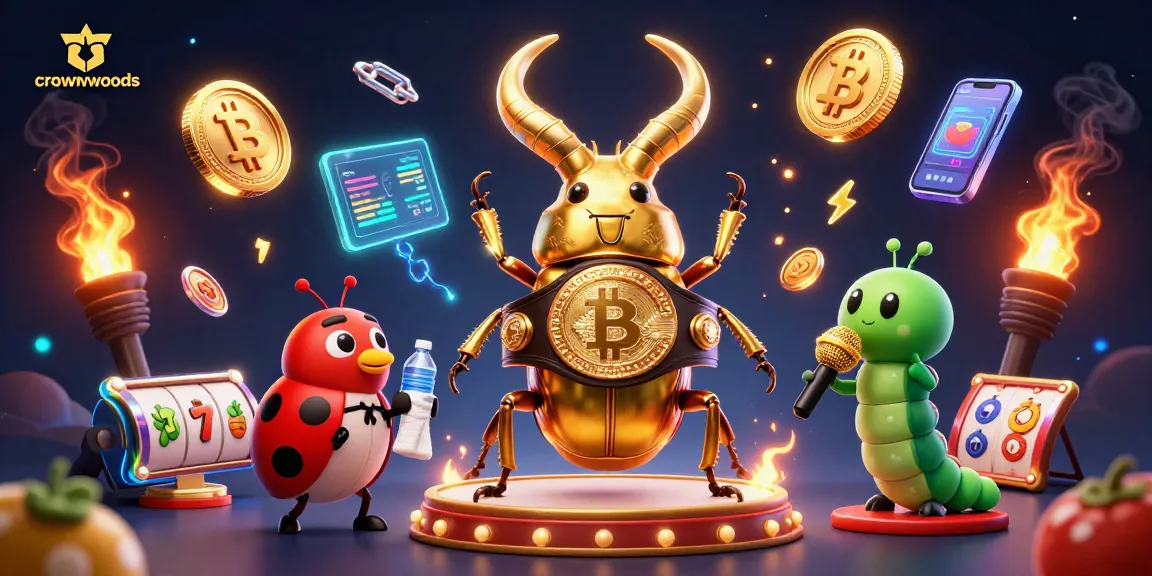 Crownwoods highlights vibrant casino gaming with a 3D beetle boxing display, showcasing dynamic slot elements.