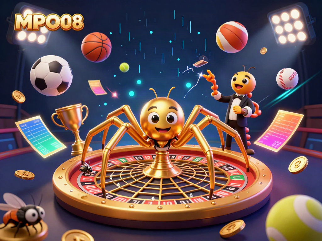 MPO08 showcases an exciting illustration of a golden spider and centipede dealer amidst sports betting elements, perfect for casino themes.