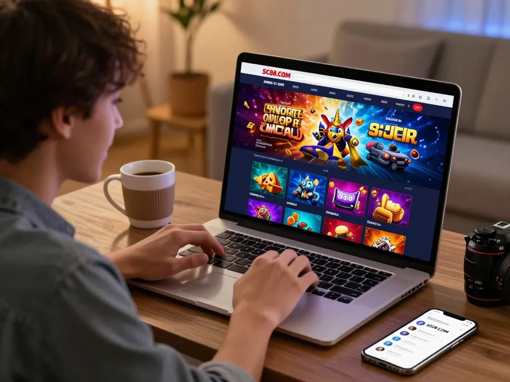 Engaged user exploring SC88.COM online gaming platform on laptop in a cozy home setting.