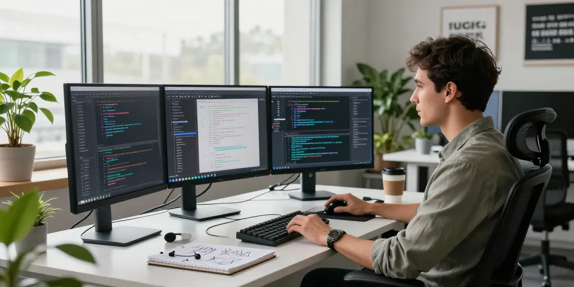 A software developer working in a modern office, showcasing the WPS Official Website on multiple screens, highlighted by natural light and greenery.