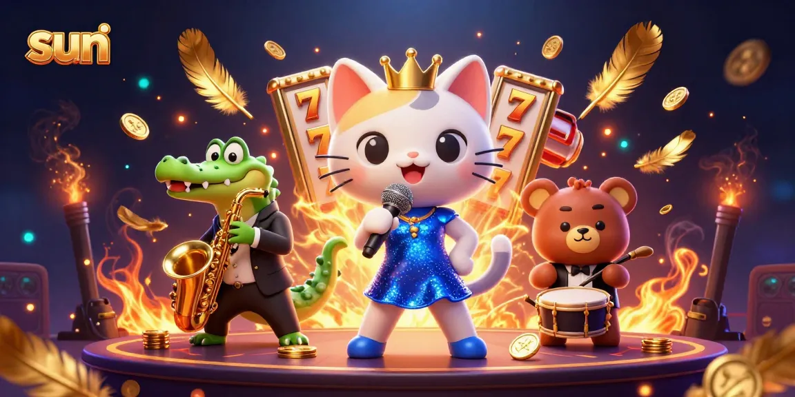 Join the sun-lit casino adventure with a jazz-singer cat, sax croc, and drum bear.