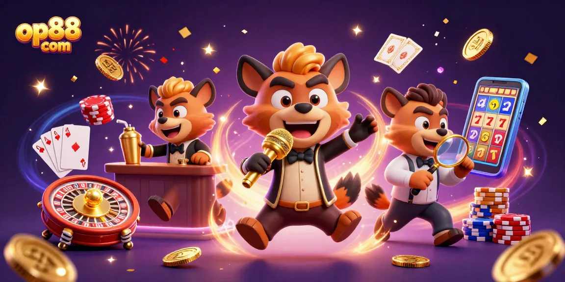 Experience vibrant casino energy at op88 com with hyenas performing various roles under sparkling lights and coins.