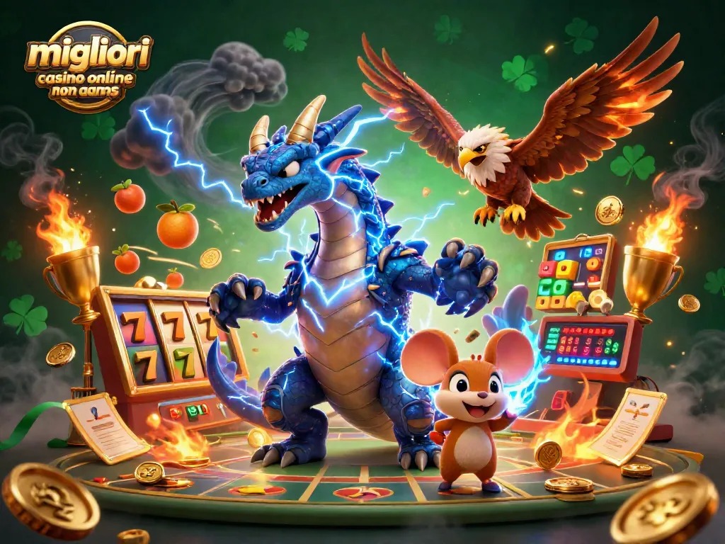 Scopri i migliori casinò online non AAMS con simboli di slot e personaggi dinamici in un'illustrazione vivace.