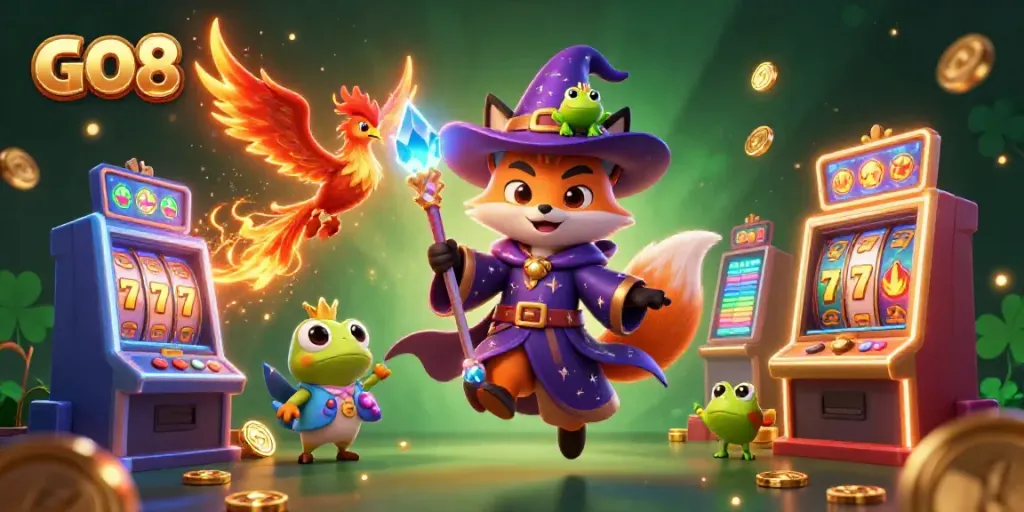 Experience excitement at GO8 with a whimsical scene featuring a wizard fox and colorful slot machines.