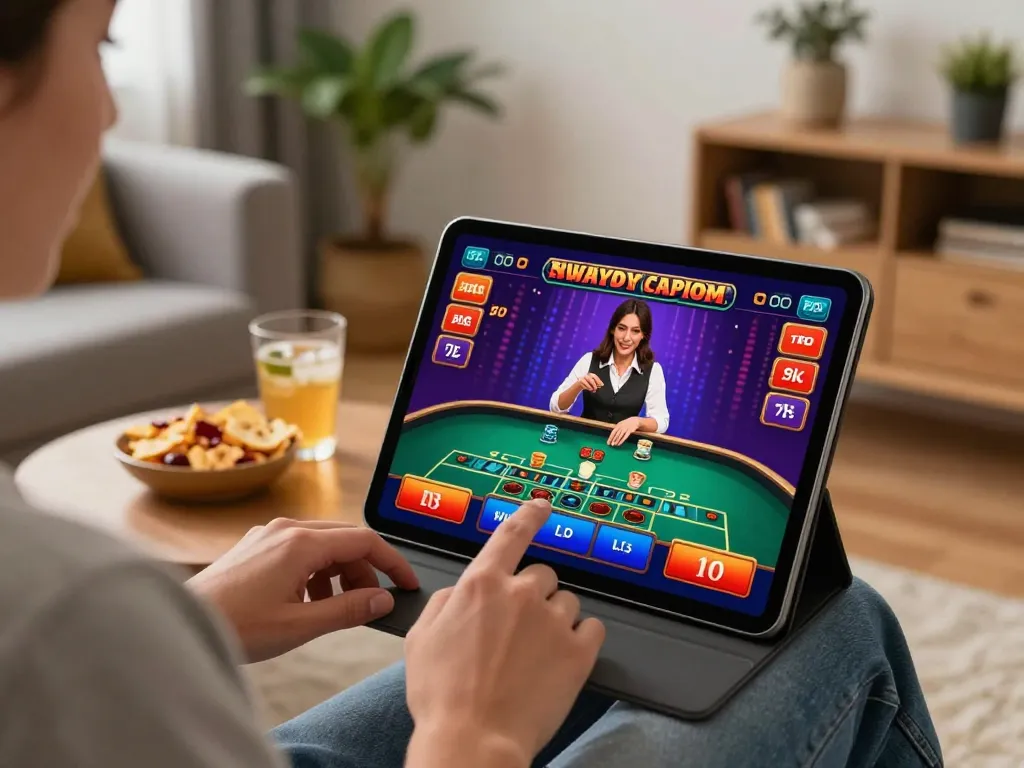 Engaging with 壹發娛樂 casino app on a cozy tablet setup, showcasing a live dealer game.