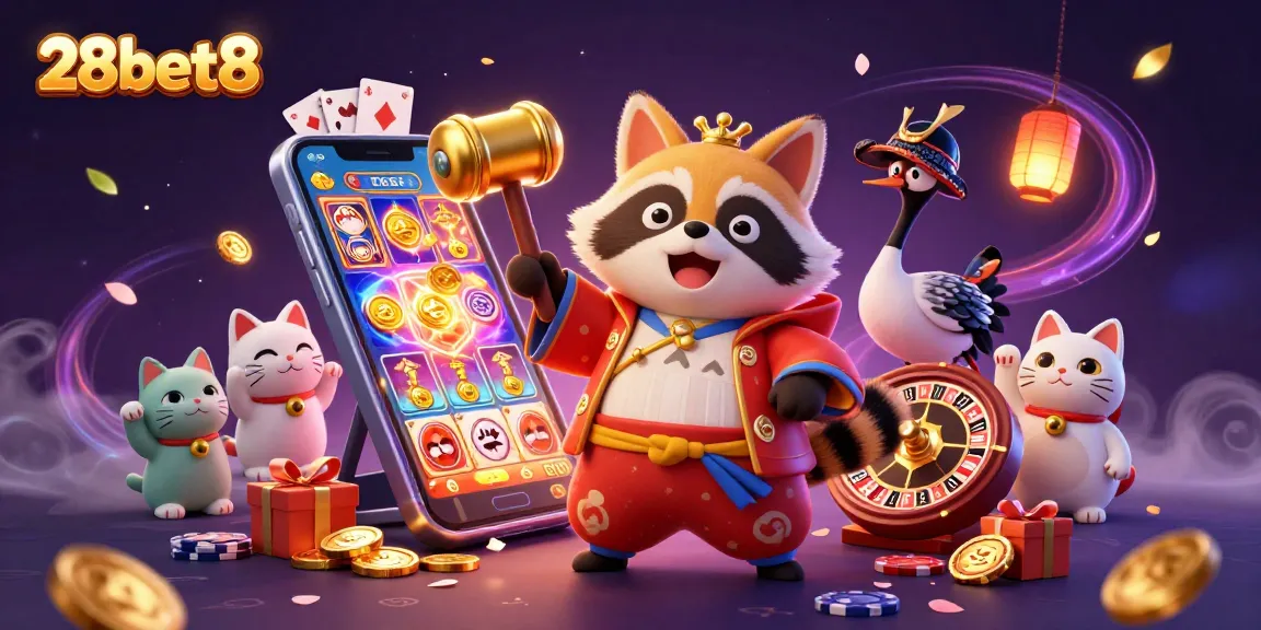 Experience the excitement of winning at 28bet8 with joyful characters engaged in lively casino activities.