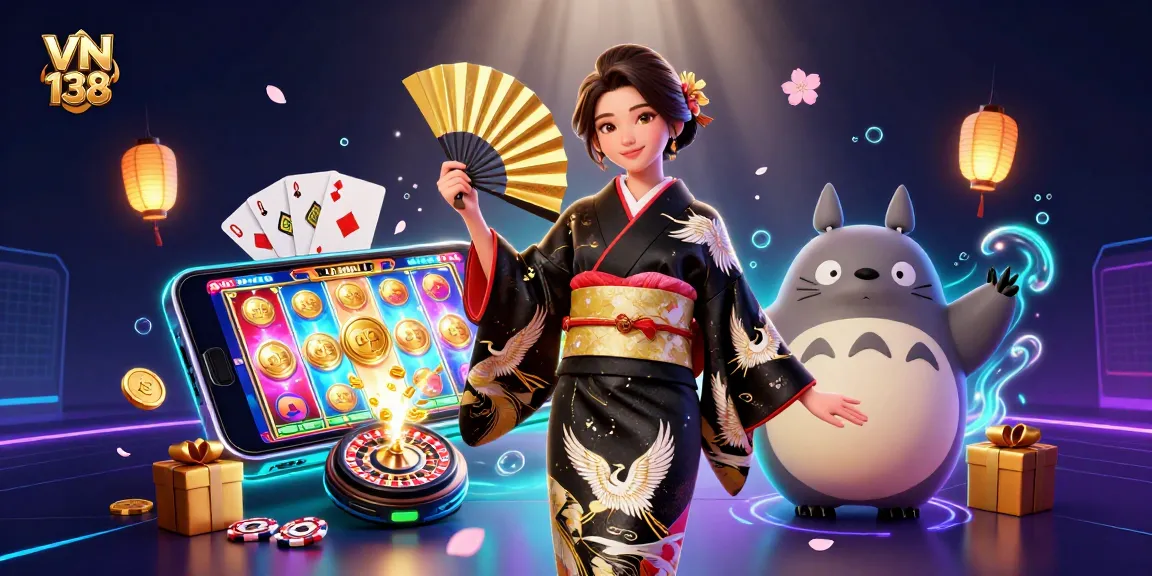Experience the thrill of VN 138 with colorful slot games and vibrant casino elements in a captivating illustration.