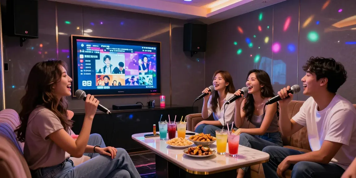 강남 달토의 고급스러운 가라오케 룸에서 친구들이 노래를 즐기고 있는 모습