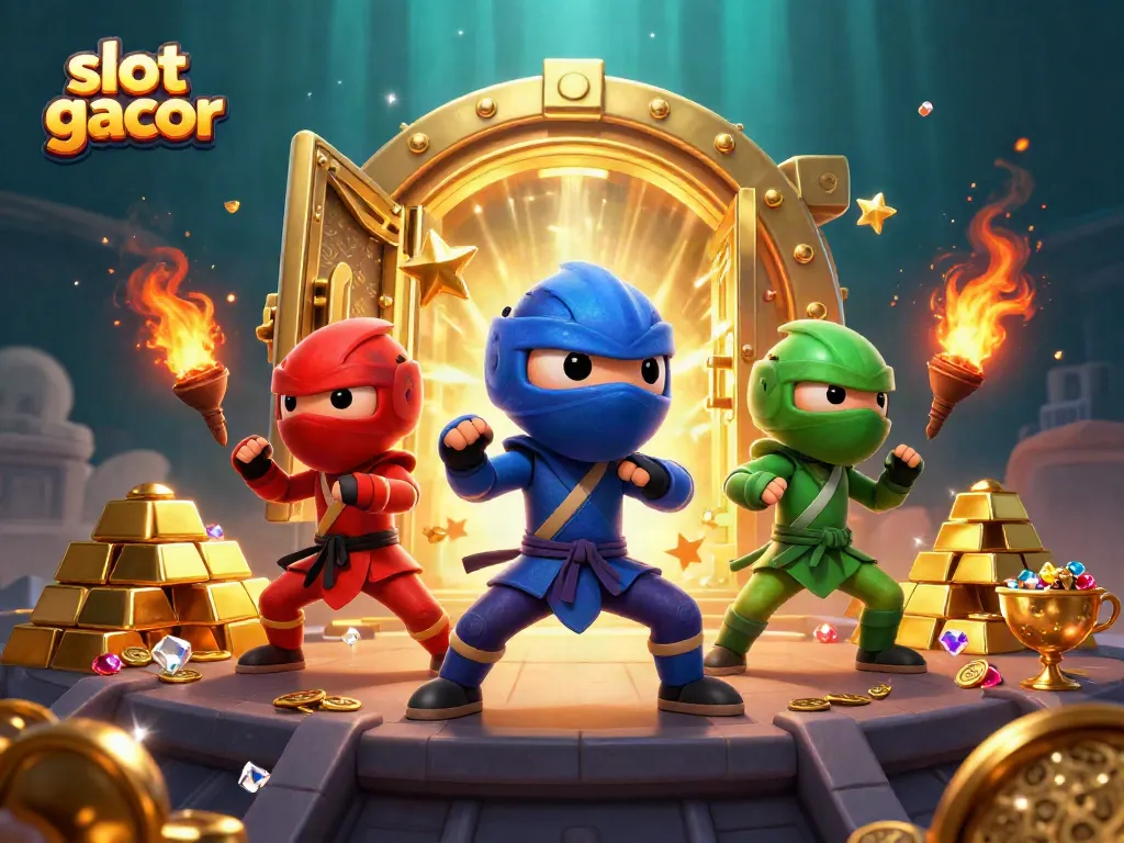 Experience the thrill of slot gacor with a vibrant scene featuring chameleon ninjas amidst treasures.