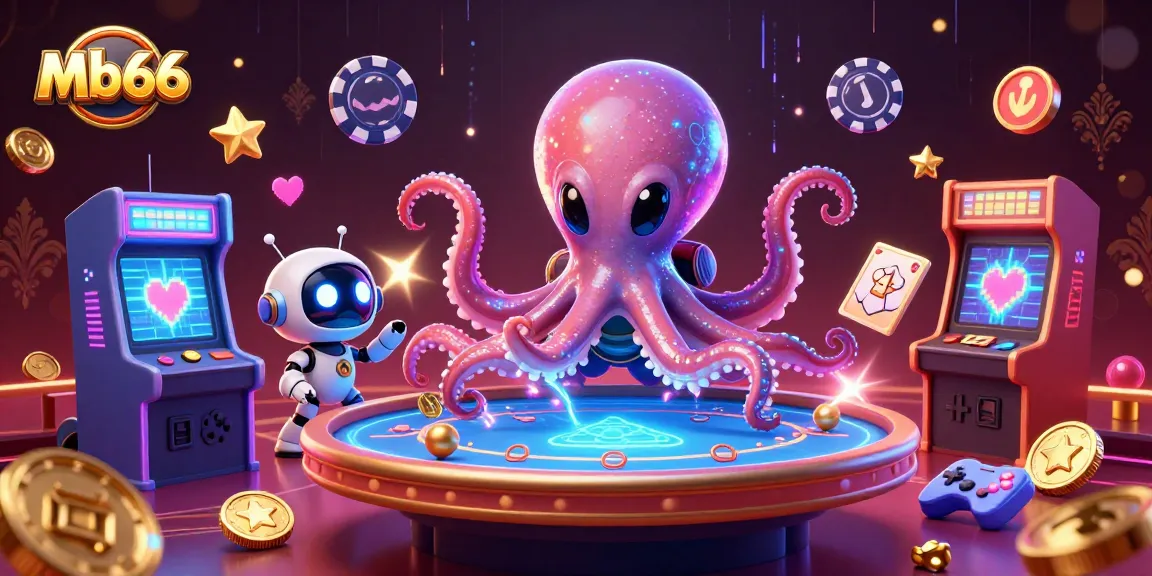 Experience the thrill of Mb66 gaming with an alien octopus dealer at a holographic poker table.